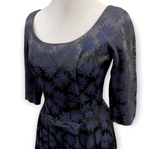 Vintage 50s 60s Black Heavyweight Satin Blue Floral Pleated Bow Dress Rockabilly